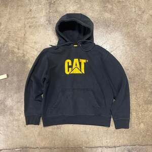 CAT Distressed Black Hoodie — Men's Size L, Yellow Logo Workwear